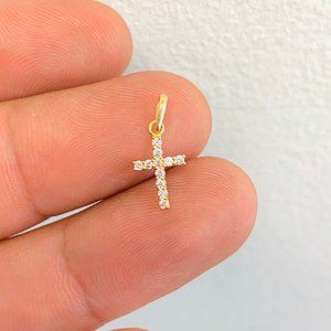 Small CZ Solid Gold Cross Pendant 14K / Womens Cross Pendant 12x7mm / Dije Cruz